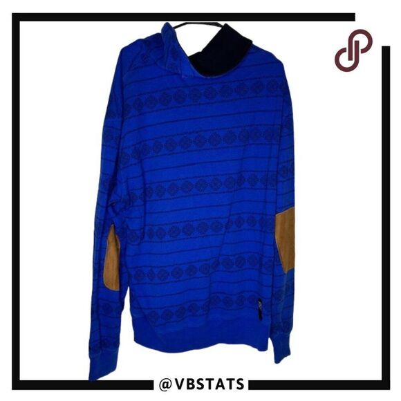 10 Deep Pullover Hoodie Size 2XL Blue Elbow & Pocket Patches Aztec Pattern - Picture 2 of 6
